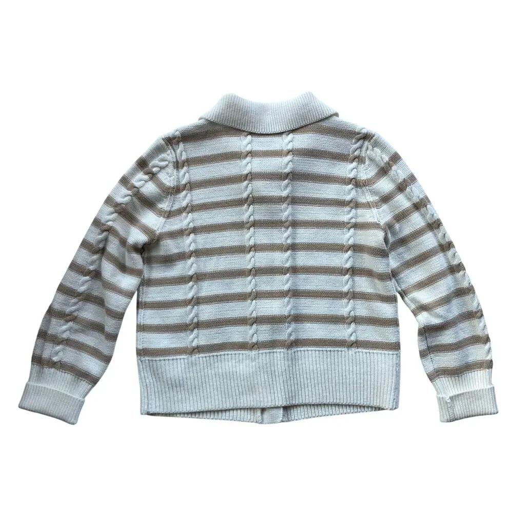 Talbots Collared Button Up Fisherman Knit Cardigan Size MP Tan White Stripe